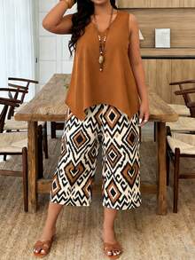 Weeklong Women's Plus Size V-Neck Asymmetric Hem Sleeveless Shirt And Solid Color Capri Pants 2-Piece Set, Spring/Summer - Multicolor - View 3
