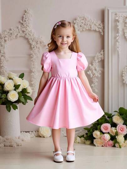 SHEIN Girls' Short Sleeve Puff Sleeve Dress, Pink Daisy Floral Princess Dress, Cute Casual Fashionable Holiday Dress For Summer