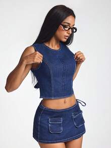 SHEIN ICON 女士性感撞色缝线露背系带短款牛仔上衣 - 深色水洗藍 - 查看 6
