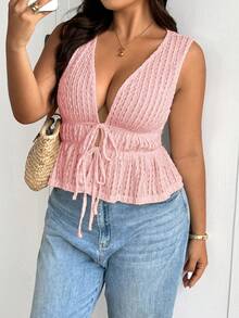 SHEIN Frenchy Plus Size Summer Minimalist Solid Color Textured Front Tie Ruched Tank Top - Pink - View 6