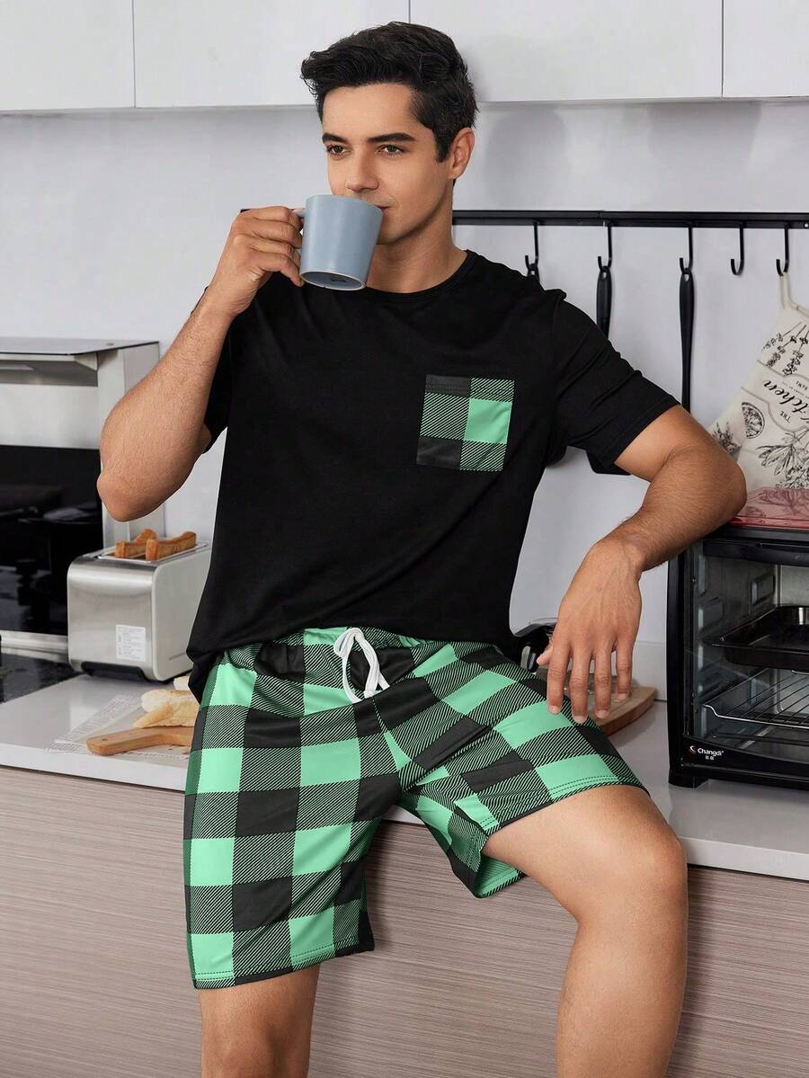 SHEIN 2pcs Plaid Print Men Sleepwear Pajama Set - Black - View 1