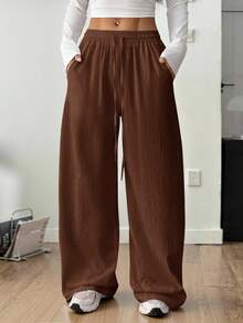 SHEIN PETITE 女士夏季乡村音乐会外出波西米亚海滩度假装扮基本款简约水洗100%纯棉白色弧形裤脚长裤，秋季女装 - 棕色 - 查看 13