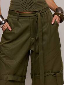 MUSERA Stitching Detail Wide Leg Cargo Jorts Spring Summer Sexy Date Night Club Festival Holiday Night Out Vacation Soul Ties - Army Green - View 5