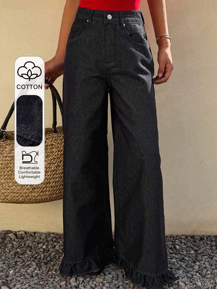 Women's Regular Waist Floral Lace Trim Straight Leg Casual Jeans