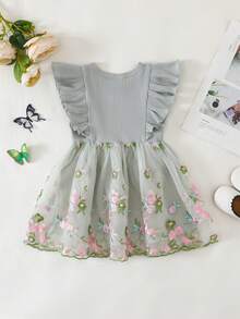 Cozy Pixies 女婴碎花圆领短袖收腰连衣裙 - 淺綠色 - 查看 2