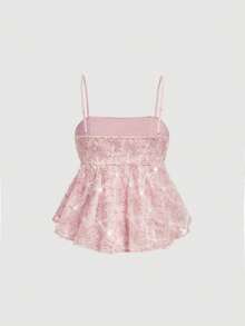 SHEIN MOD Romantic Pink 3D Embroidered Camisole Top.Pink Lace Peplum Top Floral Embroidery Delicate Straps Sweetheart Neckline Sheer Overlay Subtle Shimmer Lightweight Feel Elegant Style Feminine Silhouette Airy Texture Romantic Charm Flared Hem Intricate Pattern Gentle Drape Soft Appearance Pastel Tone Graceful Look Sculpted Bodice Sparkly Accents - Pink - View 4