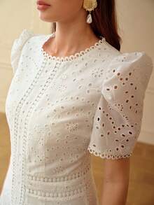 ZEYLAH Cotton Short Sleeve Vacation Embroidered Long Dress - White - View 2