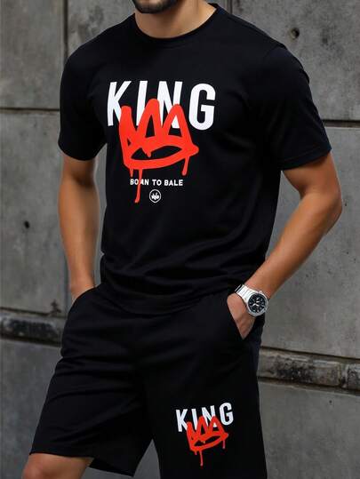 2pcs/Set Casual Graphic Print T-Shirt Set For Teenage Boys, Suitable For Daily Commute And Sports Wear