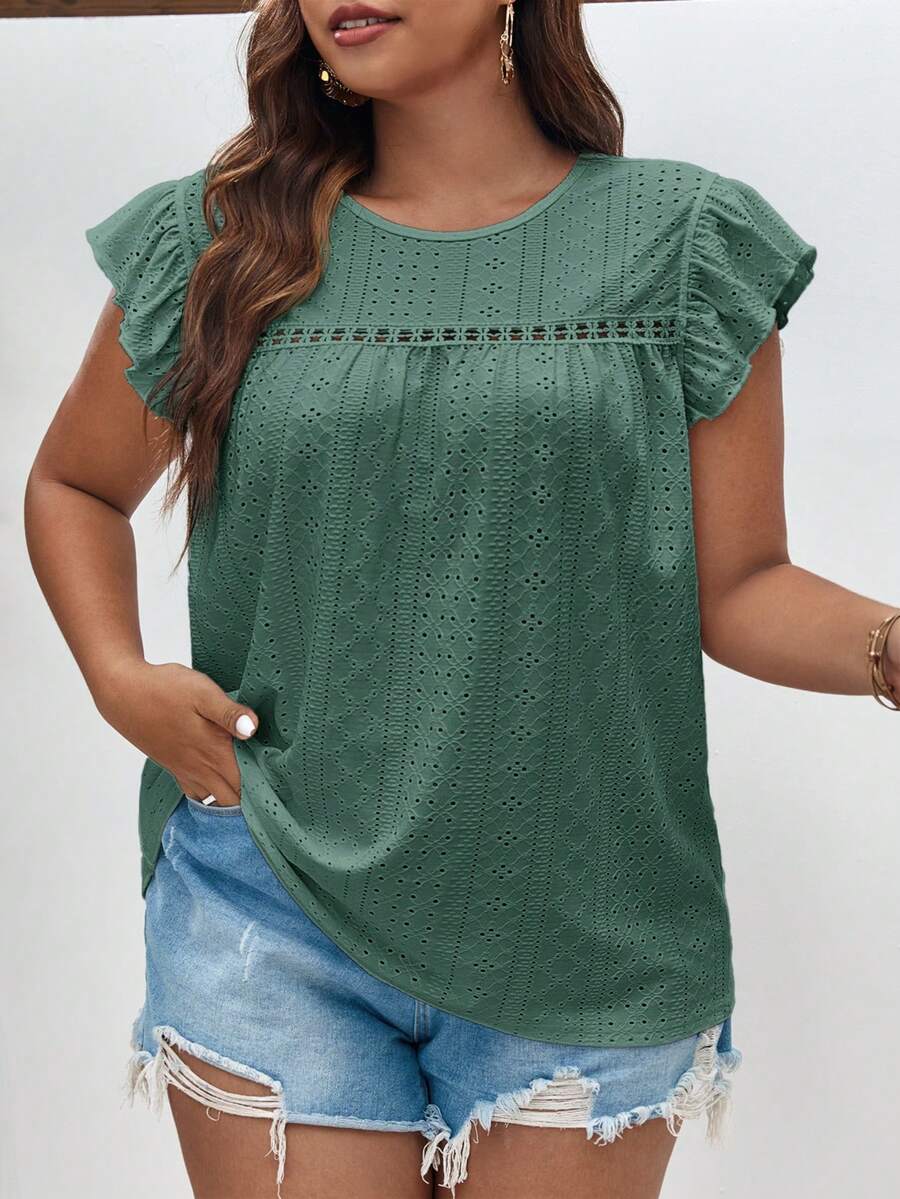 SHEIN Frenchy Áo thun cổ tròn dáng rộng, tối giản, khoét lỗ, thêu họa tiết, viền bèo nhún, cỡ lớn, mùa hè. - màu xanh lá - Xem 1