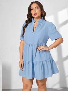 Shapeblank Plus Size Women's Light Blue Summer V-Neck Short Sleeve Dress,Smart Casual Vacation Outfits,Elegant Loose Comfortable Sun Dresses,Old Money Style - Baby Blue - View 4