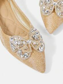 CUCCOO HITCHD 新款水钻蝴蝶结尖头平底鞋，优雅时尚舒适百搭迷人黑色鞋履 - 香檳色 - 查看 4