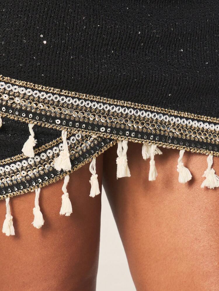 MISSGUIDED Sparkly Mini Wrap Skirt With Tassel Fringe Hem Detail Sequin Embellished Party Club Night Out Bodycon Fitted Festival