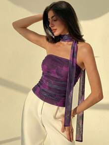 Aloruh 女士优雅浪漫扎染花卉印花荷叶边无肩带上衣 - 紫色 - 查看 1