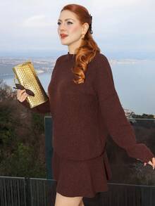 Gretanique Women Loose Casual Round Neck Textured Top And Pleated Skirt 2 Pieces Set - Coffee Brown - View 4