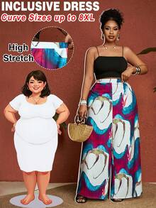 SHEIN CURVE+ Plus Size Multicolor Random Print Wide Leg Long Pants With Zipper Closure Casual Style Woven Fabric For Women - Multicolor - View 6