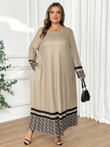 SHEIN CURVE+ 加大码黑色长袖宽松A字中长连衣裙，时尚秋冬连衣裙 - 卡其色 - 查看 5