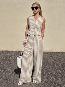 DAZY Women's Elegant Contrast Color Blue And White Stripe Sleeveless Crop Top And Wide Leg Pants,Summer Vacation Holiday 2 Pieces Outfit Lounge Sets - Khaki - View 3