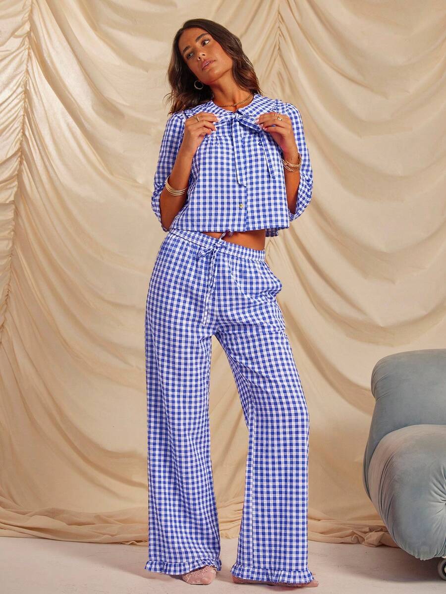 Aralina Sleepwear 2pcs Plain Print Red Gingham Collared Tie Front Long Sleeve Button Down Shirt And Wide Leg Pant Sleep Set With Ruffle Detail , Cute Christmas Pajama Set - Royal Blue - View 1