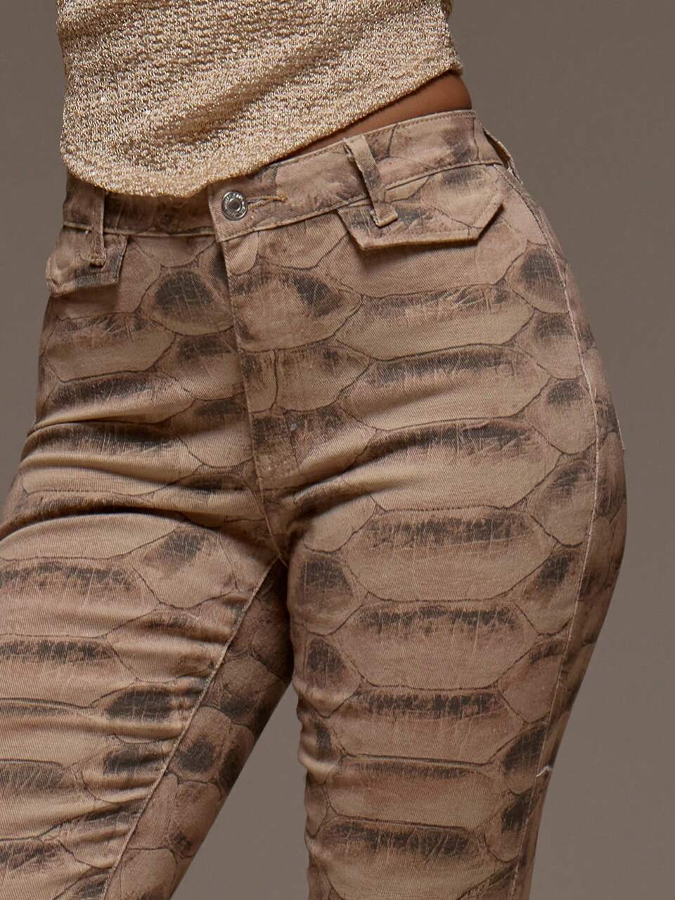 Animal Print Brown Low Rise Fitted Denim Capri Pants Spring Summer Holiday Vacation Beach Ibiza Festival Party Elegant Divinity