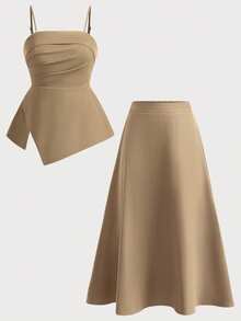 Teen Girls Khaki Solid Woven Twill Camisole Top And Asymmetric Hem Skirt 2 Pieces Co-Ord Set, Elegant For Commuting, Gatherings, Holidays, Birthdays (Belt Not Included) Simple Teen Brown Dress Two Piece Set Skirt Khaki Skirt Plain Tan Dress Girls Beige 2 Pieces - Camel - View 4