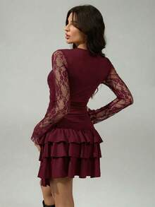SHEIN Tall 女士新款黑色蕾丝拼接层叠荷叶边迷你连衣裙，秋季女装 - 酒紅色 - 查看 2