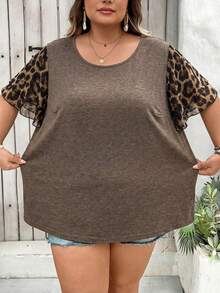 SHEIN CURVE+ 加大码女式情人节豹纹拼接褶皱袖休闲T恤上衣，Curve Plus，Hoho Vacation - 棕色 - 查看 3
