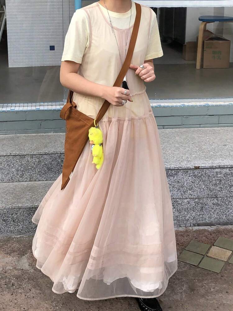 Women's Solid Color Round Neck Frill Trim Mesh Sleeveless Mid-Length Dress Sundress
