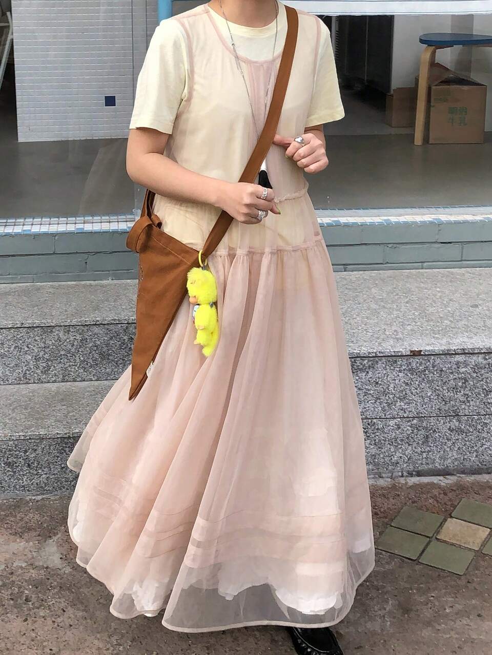 Women's Solid Color Round Neck Frill Trim Mesh Sleeveless Mid-Length Dress Sundress