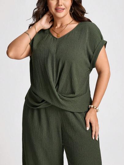 Comfylo 3D Cut Twist Top & Casual Comfortable Pants 2 Pieces Set, Versatile For Sports, Outdoor, Home Wear, Plus Size Plus Size Women Clothes Plus Size Summer Sets Plus Size Co-Ords Tie Front Top Plus Plus Size Linen Outfits, Summer Outfits
