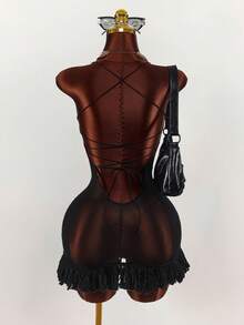 Amplova Vestido mini ajustado con cuello halter, tirantes finos y espalda descubierta para mujer - Negro - Ver 8