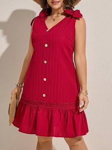 Comfylo Plus Tie Shoulder Fake Button Ruffle Hem Summer Outfits Dress - White - View 5