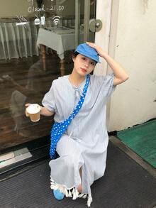 DAZY 女士复古条纹流苏衬衫裙，夏季宽松显瘦中长连衣裙 - 淺藍色 - 查看 4