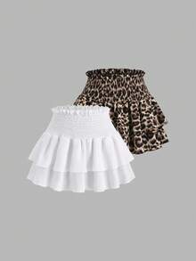 Olithes 2pcs/Set White & Leopard Print Double Layer Ruffle Waist High Waist Ruffle Hem Skirt, Summer - Multicolor - View 1