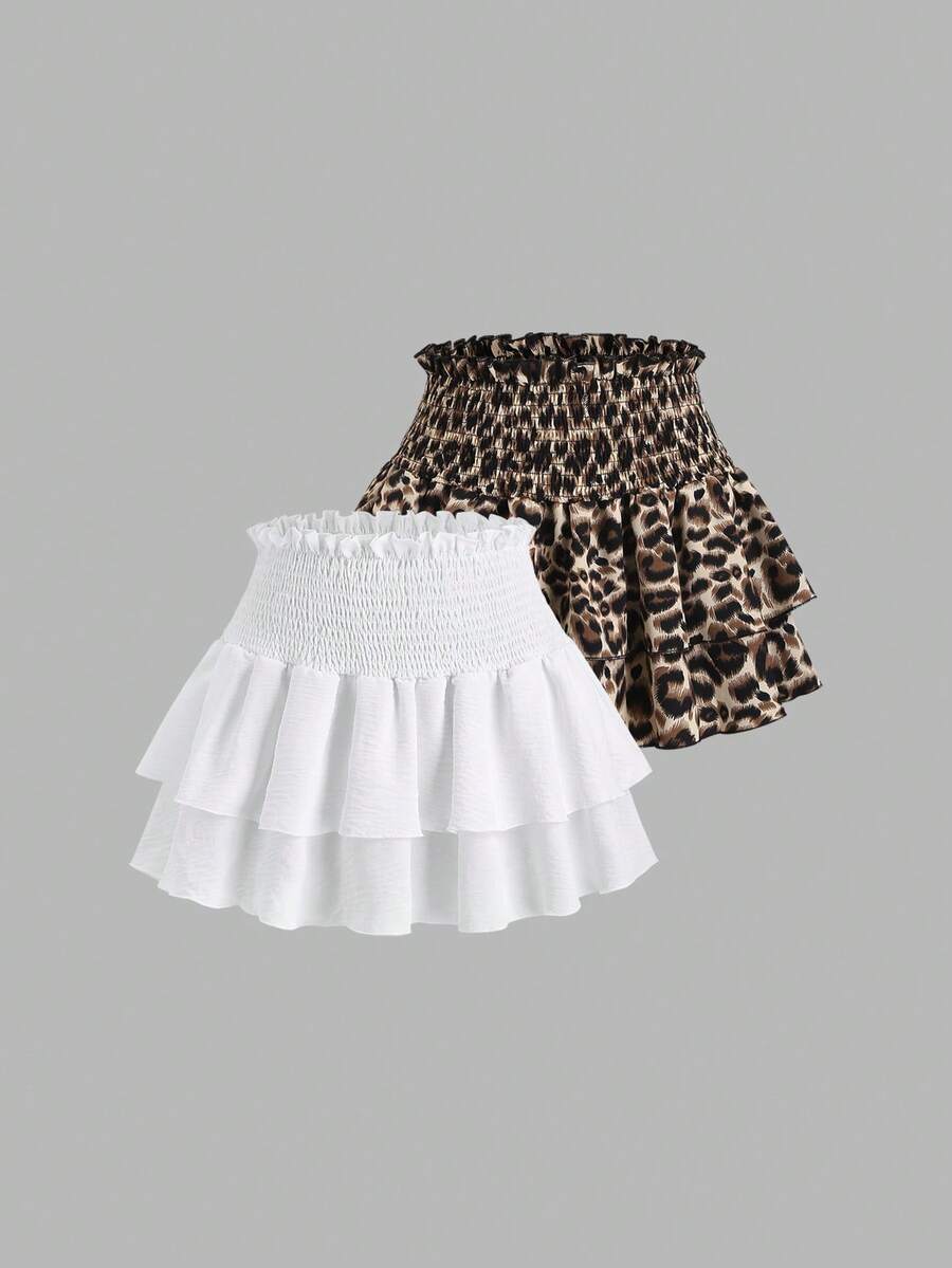 Olithes 2pcs/Set White & Leopard Print Double Layer Ruffle Waist High Waist Ruffle Hem Skirt, Summer - Multicolor - View 1