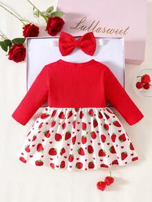 SHEIN 新生女婴红色蕾丝长袖卡通草莓印花连衣裙，配同款发带两件套，优雅甜美可爱，适合秋季日常户外休闲活动 - 紅色 - 查看 2