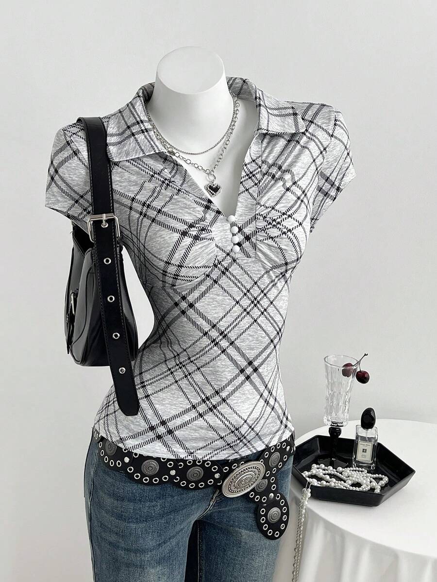 Elamini Women's Casual Grey Plaid Minimalist Collared Fitted Short Sleeve T-Shirt - Grey - View 1