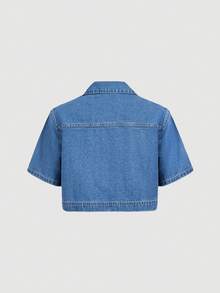 Sweetra Women's Fashionable Casual Versatile Short Denim Top - Medium Wash - View 2