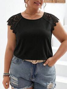 SHEIN Frenchy Áo thun cổ tròn phối ren màu trơn cỡ lớn, kiểu dáng thường ngày, thích hợp cho mùa hè. - màu đen - Xem 5