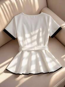 Franclia Women's Elegant V-Neck Metallic Belted Black And White Color-Blocked Blouse, A Stylish Workwear Piece, Suitable For Summer. Vacation, Women's Casual Top - Black and White - View 2