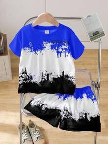 SHEIN Little Byeori 2pcs/Set Young Boys' Casual Comfortable Versatile Splatter Print Short Sleeve Top And Shorts Set, Suitable For Spring And Summer - Royal Blue - View 6