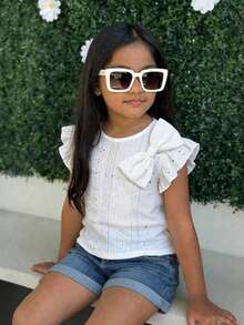 Young Girls' White Pearl Trim Bow Tie T-Shirt, Cute Casual Everyday Versatile - White - View 1