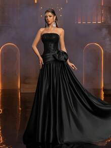 Glamrae 优雅、浪漫、高贵、奢华的黑色亮片面料，缎面拼接，褶皱装饰，适合节日、假期、生日派对、婚礼、正式晚宴等场合。 - 黑色 - 查看 6