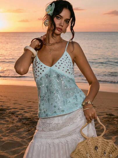 Poéselle Women's Sparkly Sequin & Beaded Mesh Cami – Light Blue V-Neck Spaghetti Strap Corset-Fit Y2K Festival Top Y2k Sequin Top Beaded Camisole Mesh Corset Top Sparkly Going Out Top Festival Outfit Ideas Mermaidcore Fashion Coquette Aesthetic Women's Sleeveless Sequin Elegant Tank Top, Fashion Summer Tops Party Top Beach Outfits Weddings & Events Going Out Tops Vacation Outfits Women Holiday Sequin Top Blue Top