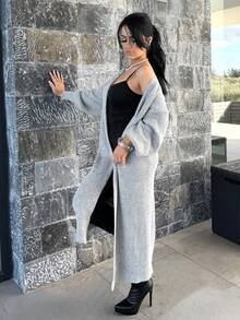 Vassilux 女士纯灰色落肩长袖宽松长款休闲保暖长款开衫，适合秋冬季，灰色休闲装，商务休闲女装，冬装，冬季女士毛衣外套，秋季女装，女士毛衣，返校节，长款开衫，纯色前开宽松针织开衫，休闲长袖长款毛衣，女士服装，长袖上衣 - 灰色 - 查看 3
