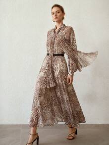 MOTF PREMIUM ALLOVER PRINT TIE NECK LANTERN SLEEVE BELTED FLOWY DRESS - Multicolor - View 6