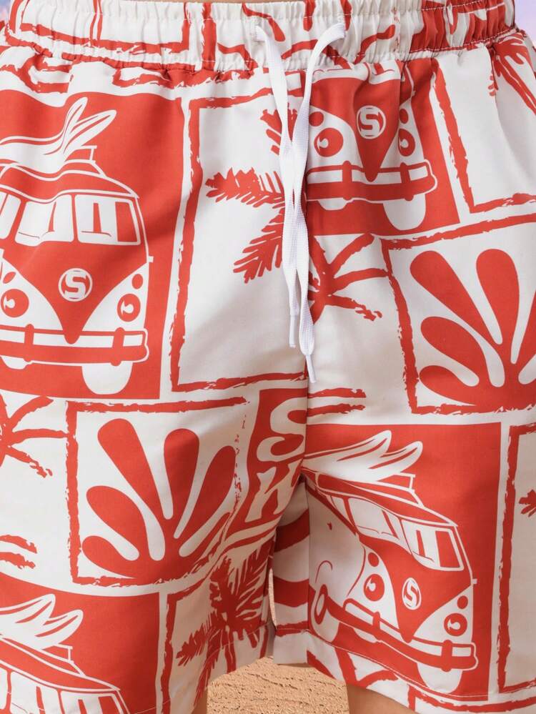 트로피컬 스탬프 프린트 수영 반바지
