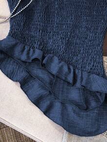 GlowEve 女士不对称荷叶边下摆优雅上衣和裤子两件套 - 藏蓝色 - 查看 5