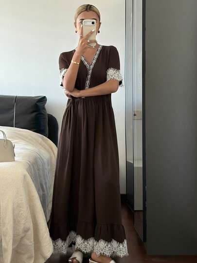 DAZY 女士优雅通勤撞色蕾丝边连衣裙