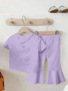 SHEIN 2pcs/Set Baju Anak Perempuan Ungu & Celana Lebar, Motif Hati, Gaya Putri yang Imut, Nyaman untuk Musim Semi, Musim Panas, Musim Gugur, Musim Dingin - MultiWarna - View 2