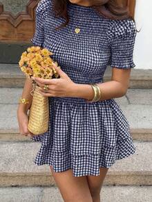 Sunnyshic 女士红色格子弹力圆领花瓣袖A字下摆修身浪漫沙滩度假迷你连衣裙 - 藏蓝色 - 查看 5